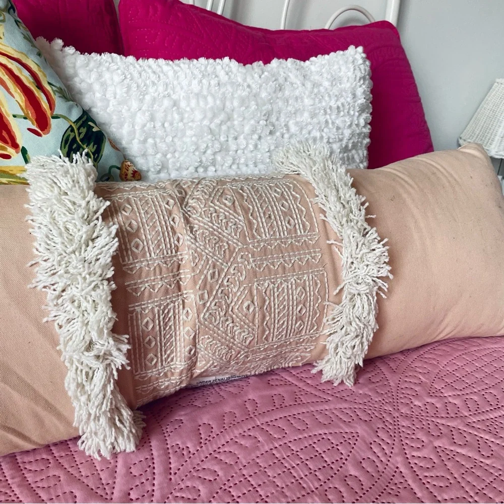 Opalhouse Boho Pink and white embroidered fringe Oversized Oblong Throw Pillow